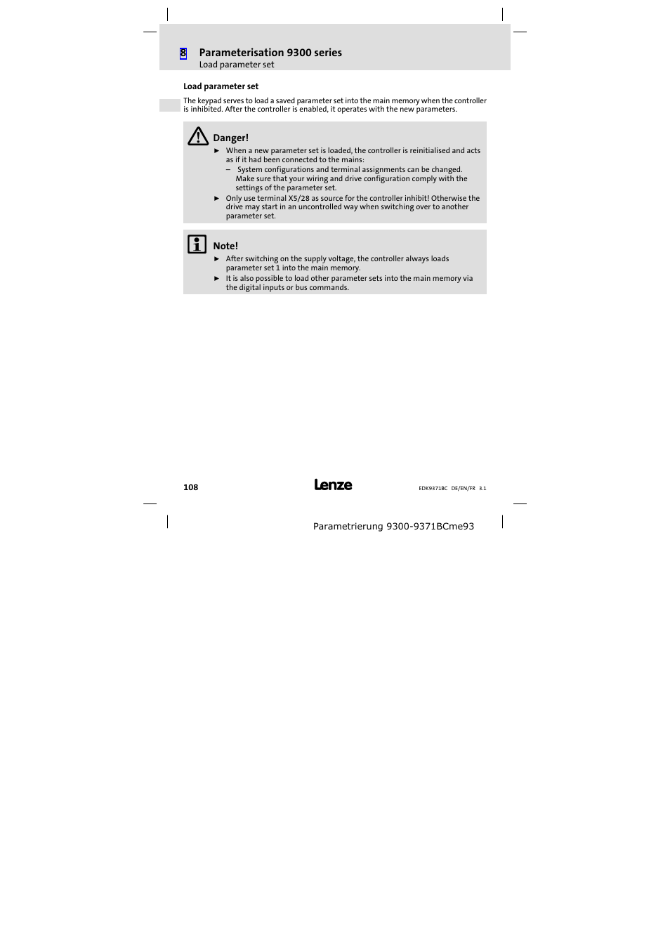 Load parameter set | Lenze EMZ9371BC User Manual | Page 108 / 182