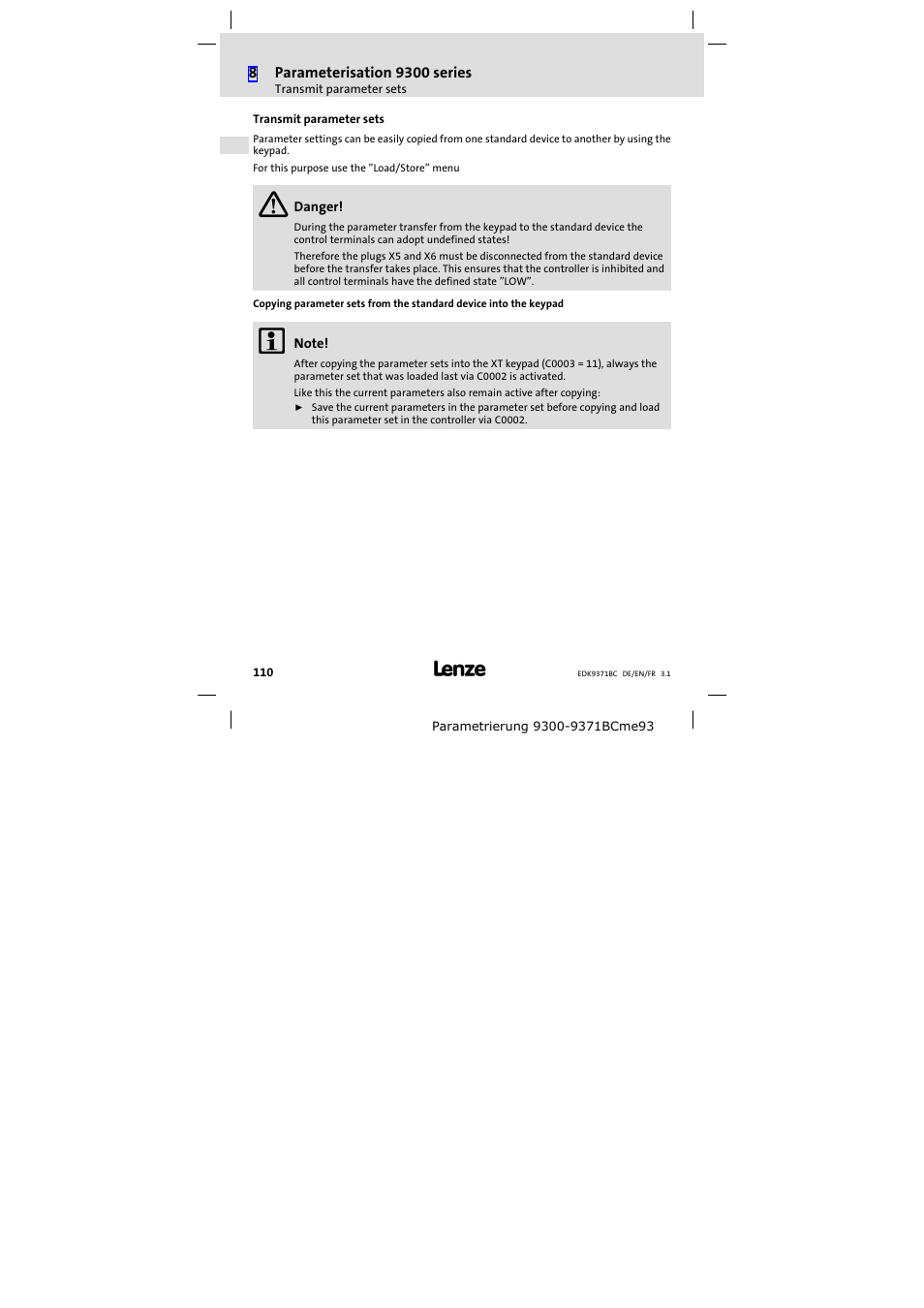 Transmit parameter sets | Lenze EMZ9371BC User Manual | Page 110 / 182