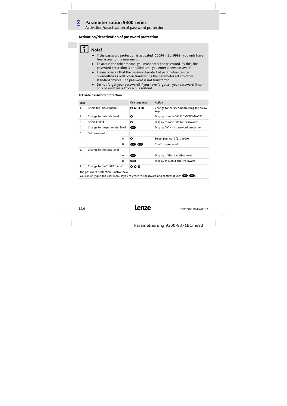 Activation/deactivation of password protection | Lenze EMZ9371BC User Manual | Page 114 / 182
