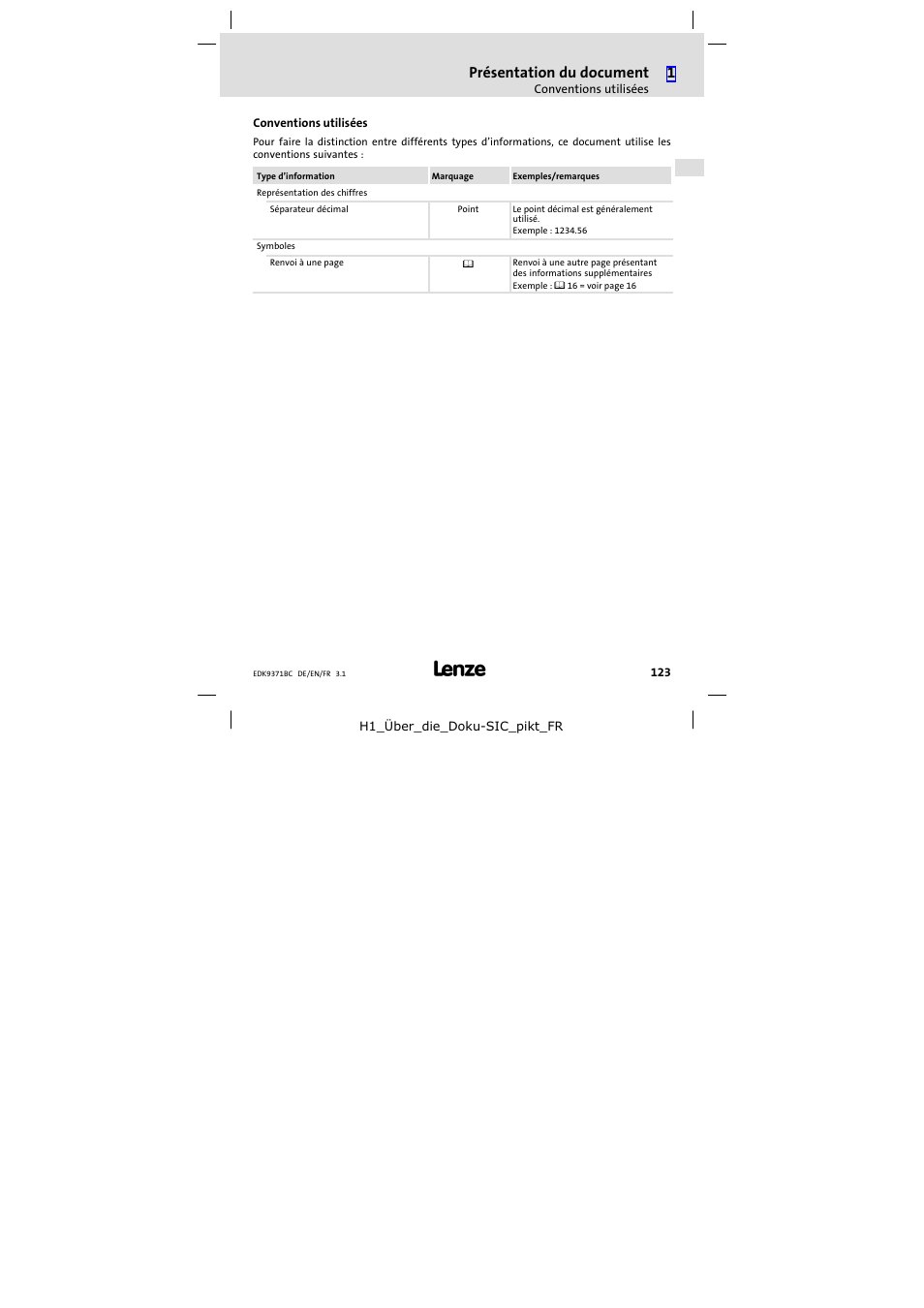 Conventions utilisées, Présentation du document | Lenze EMZ9371BC User Manual | Page 123 / 182