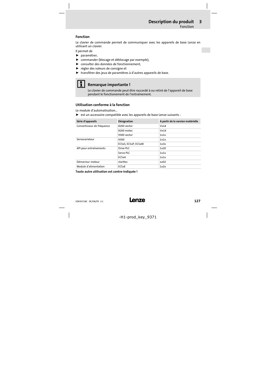 3 description du produit, Fonction, Utilisation conforme à la fonction | Description du produit, Fonction 127 | Lenze EMZ9371BC User Manual | Page 127 / 182