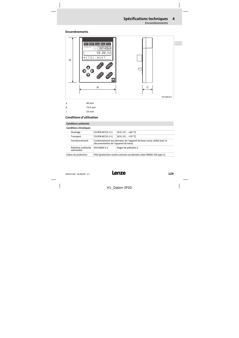 4 spécifications techniques, Encombrements, Conditions d'utilisation | Spécifications techniques, Conditions d’utilisation | Lenze EMZ9371BC User Manual | Page 129 / 182