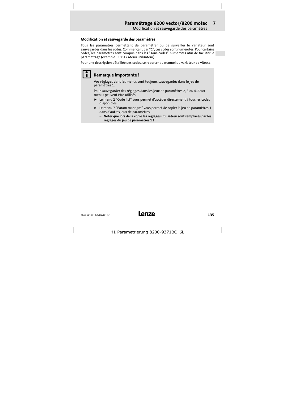 7 paramétrage 8200 vector/8200 motec, Modification et sauvegarde des paramètres, Paramétrage 8200 vector/8200 motec | Lenze EMZ9371BC User Manual | Page 135 / 182