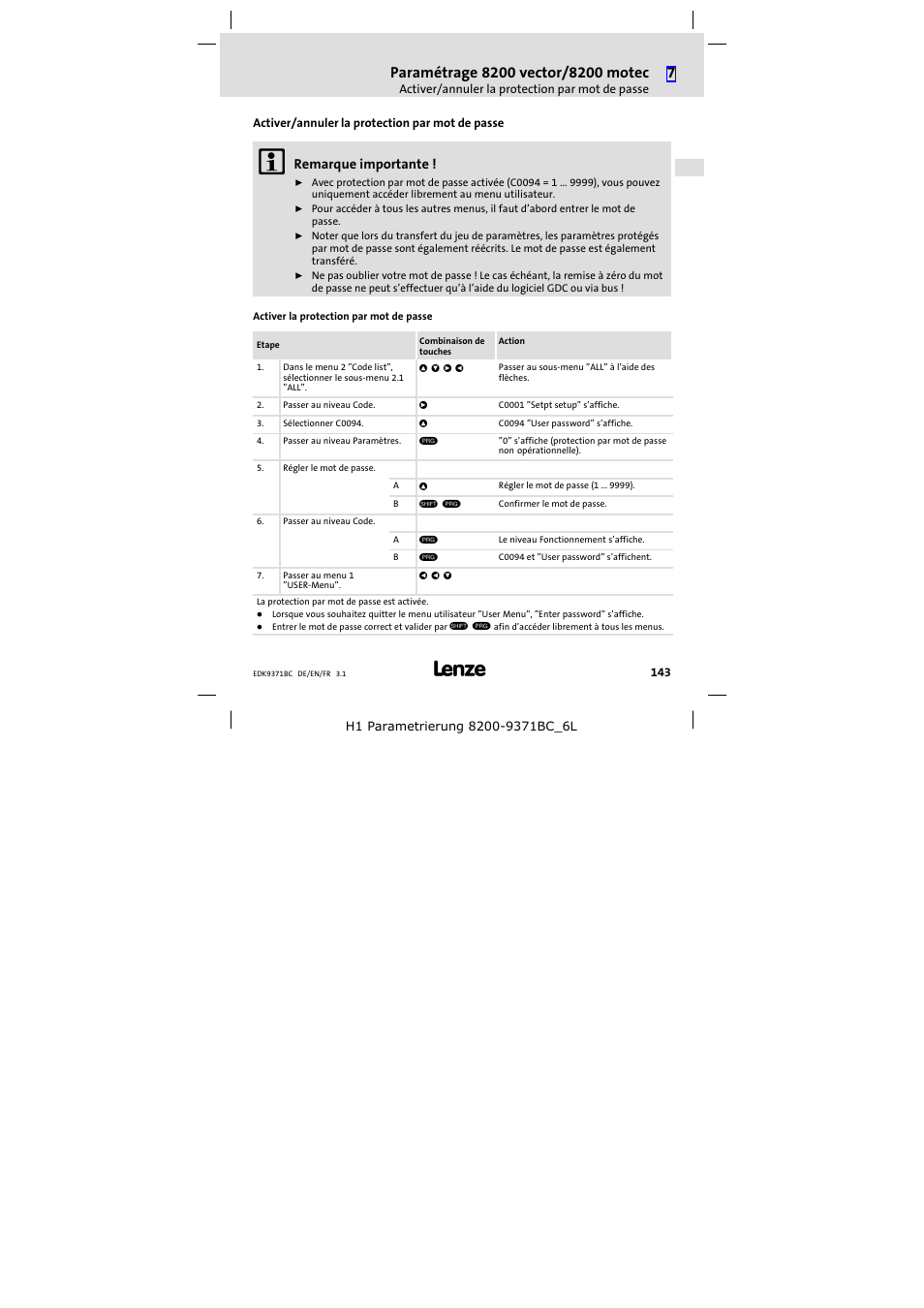 Activer/annuler la protection par mot de passe | Lenze EMZ9371BC User Manual | Page 143 / 182