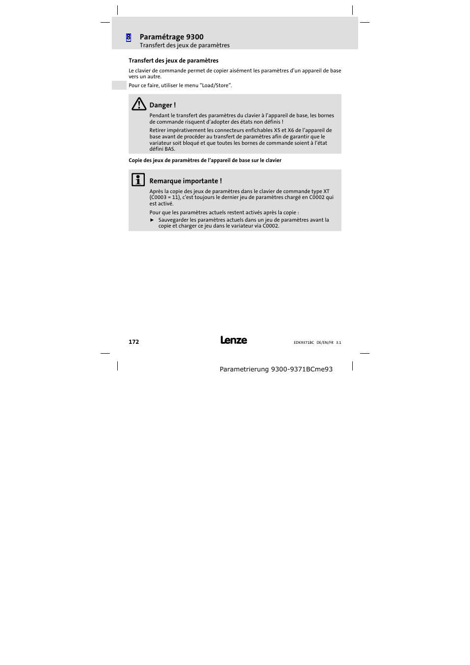 Transfert des jeux de paramètres | Lenze EMZ9371BC User Manual | Page 172 / 182