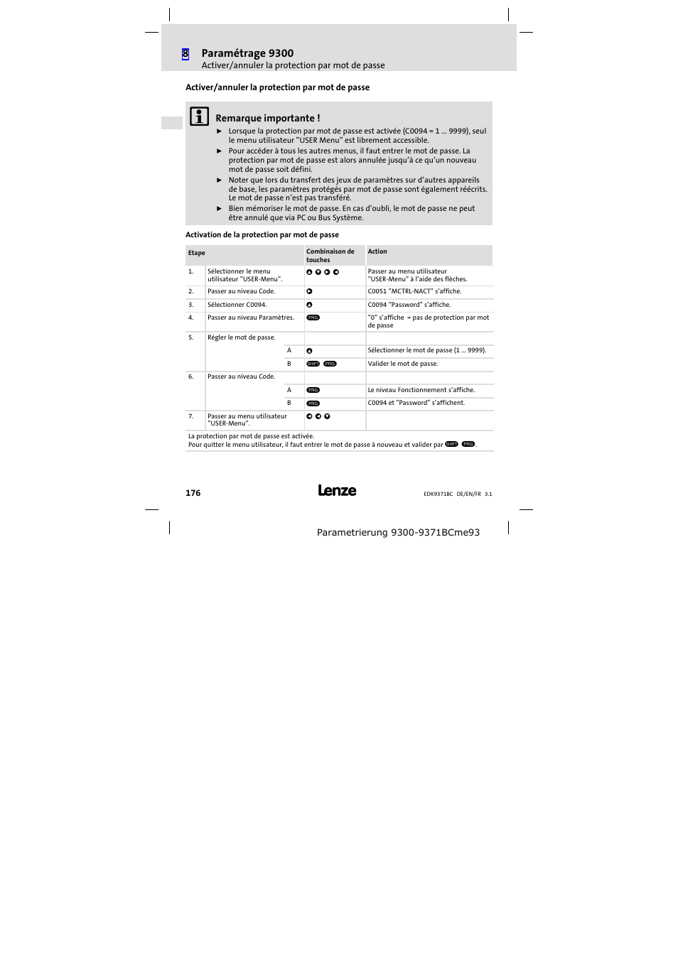 Activer/annuler la protection par mot de passe | Lenze EMZ9371BC User Manual | Page 176 / 182