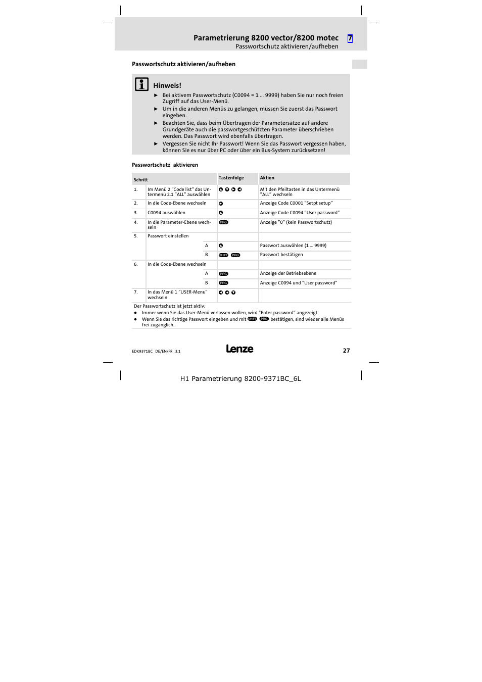 Passwortschutz aktivieren/aufheben | Lenze EMZ9371BC User Manual | Page 27 / 182