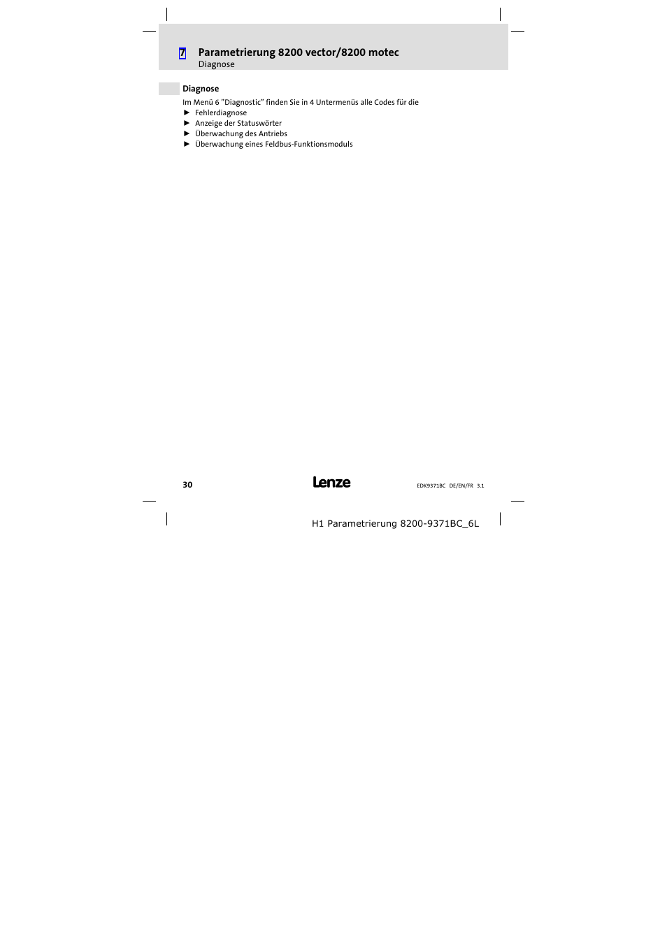 Diagnose | Lenze EMZ9371BC User Manual | Page 30 / 182