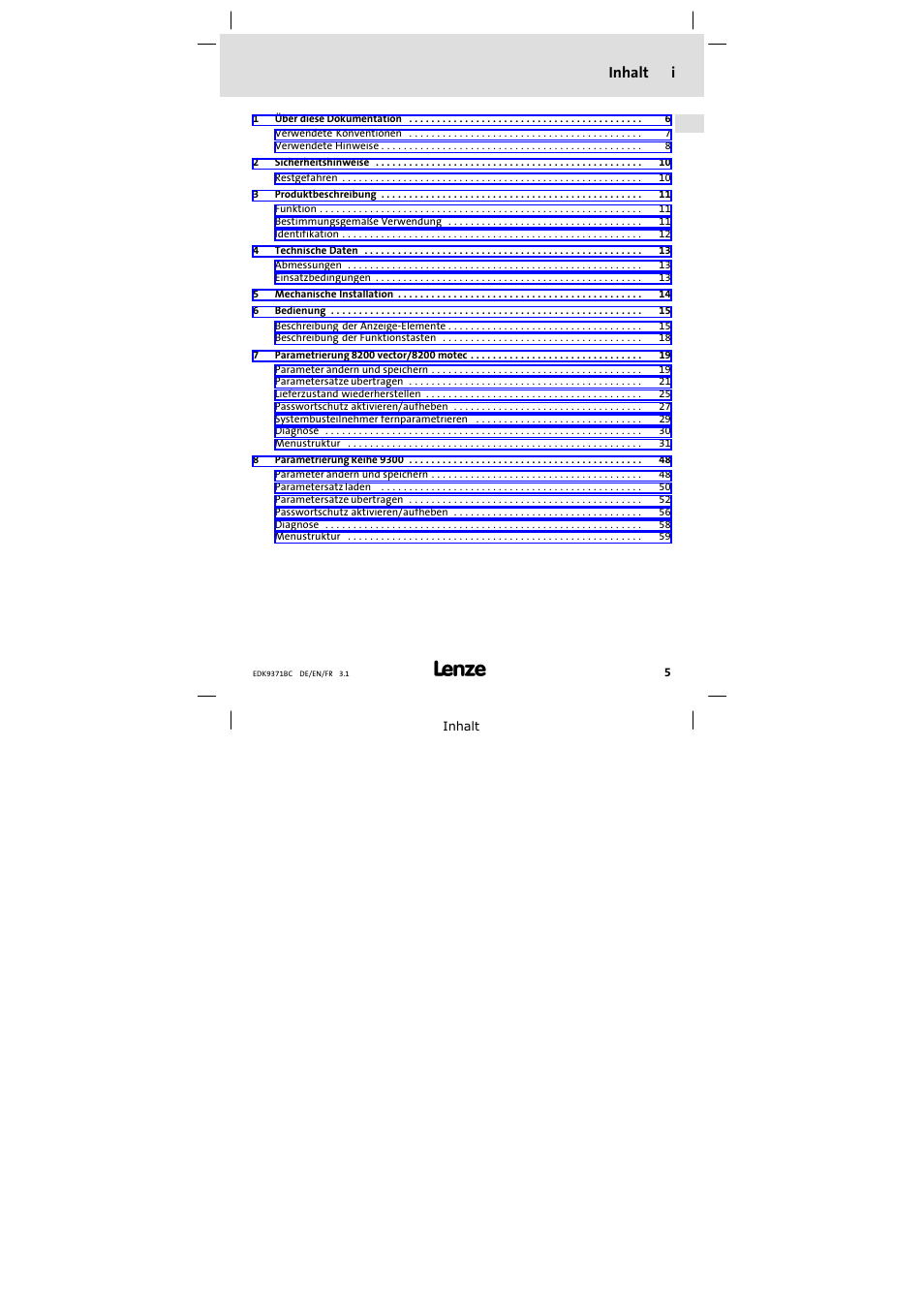 Inhalt, Inhalt i | Lenze EMZ9371BC User Manual | Page 5 / 182