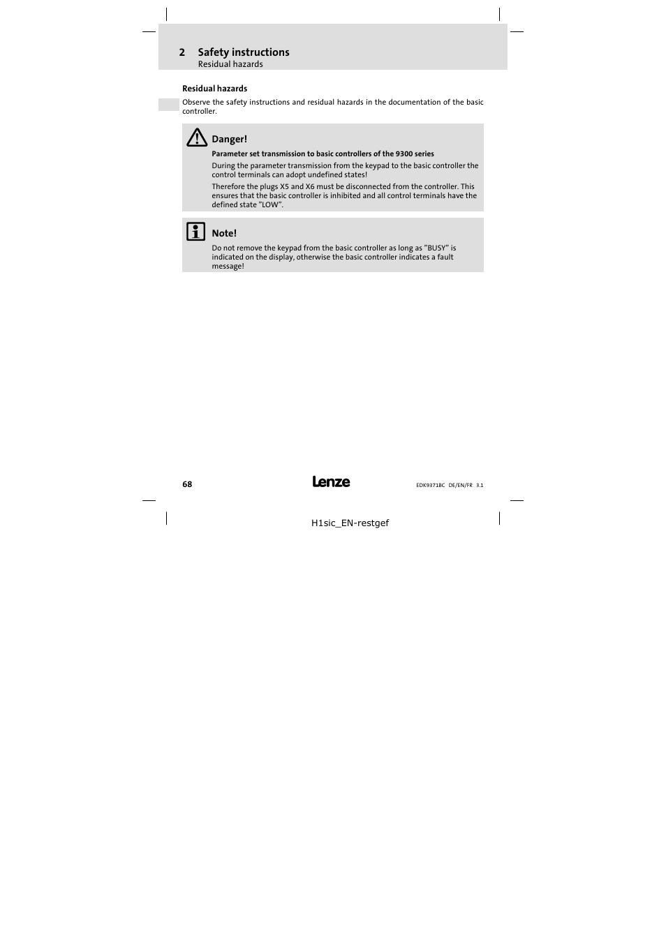 2 safety instructions, Residual hazards, Safety instructions | Lenze EMZ9371BC User Manual | Page 68 / 182