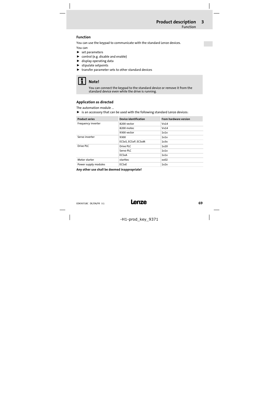 3 product description, Function, Application as directed | Product description, Function 69 | Lenze EMZ9371BC User Manual | Page 69 / 182