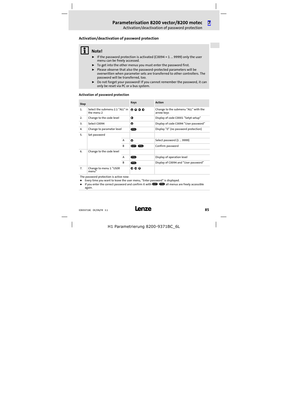 Activation/deactivation of password protection | Lenze EMZ9371BC User Manual | Page 85 / 182