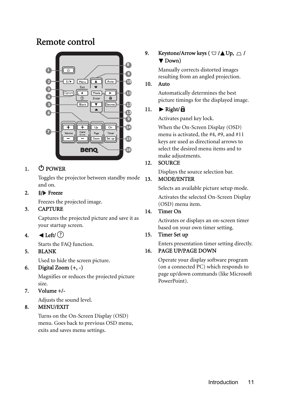 Remote control | BenQ Digital Projector MS612ST User Manual | Page 11 / 68
