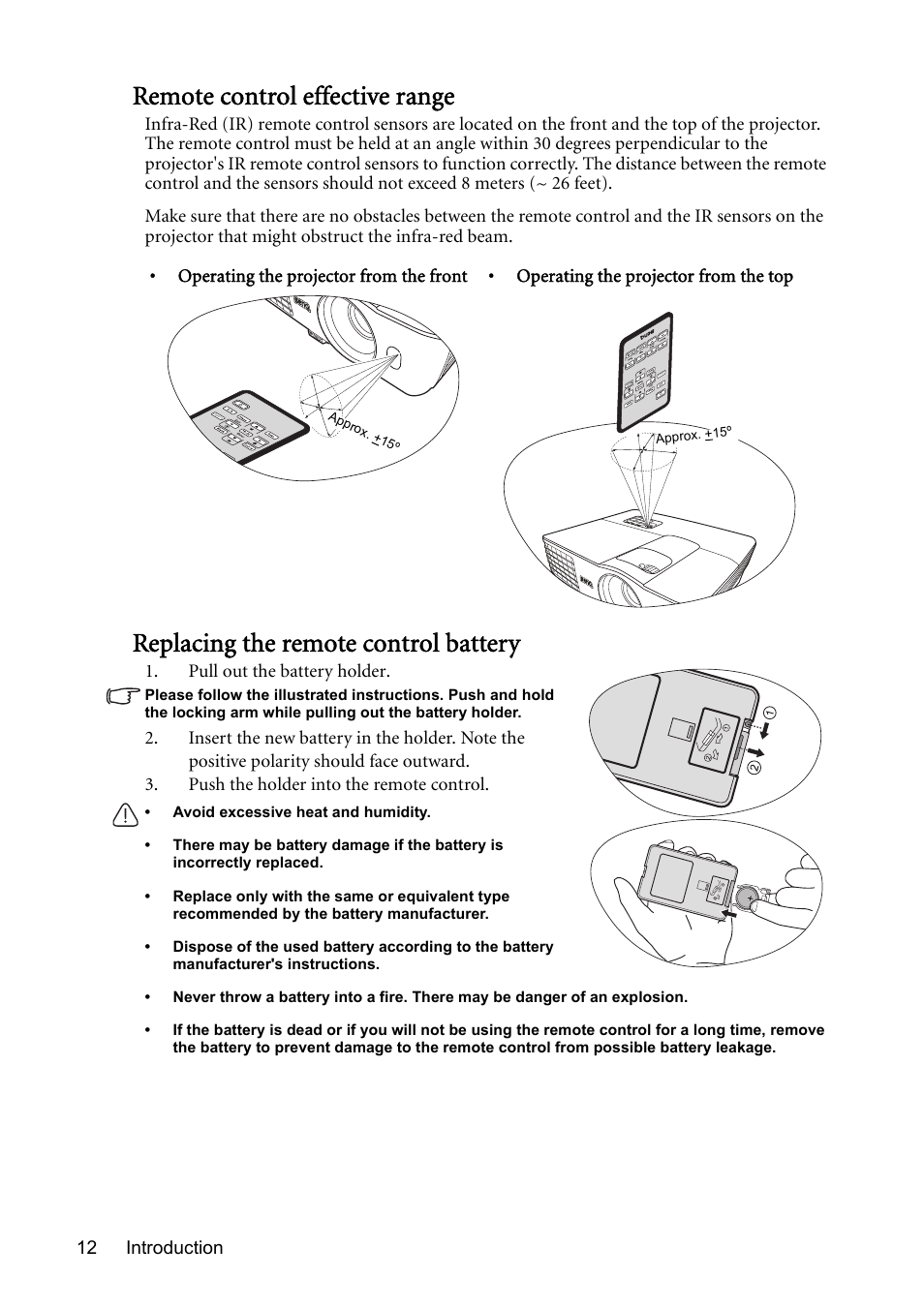 Remote control effective range, Replacing the remote control battery, Introduction 12 | Pull out the battery holder, Operating the projector from the front, Operating the projector from the top | BenQ Digital Projector MS612ST User Manual | Page 12 / 68