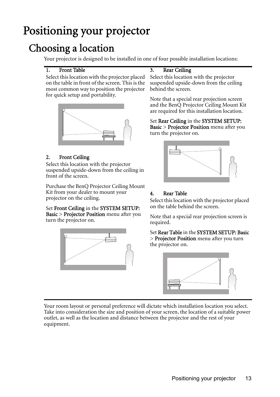 Positioning your projector, Choosing a location | BenQ Digital Projector MS612ST User Manual | Page 13 / 68