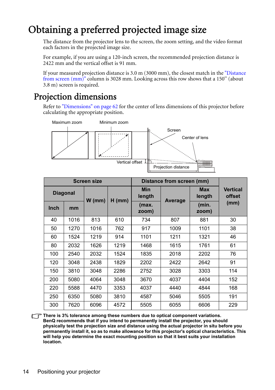 Obtaining a preferred projected image size, Projection dimensions | BenQ Digital Projector MS612ST User Manual | Page 14 / 68