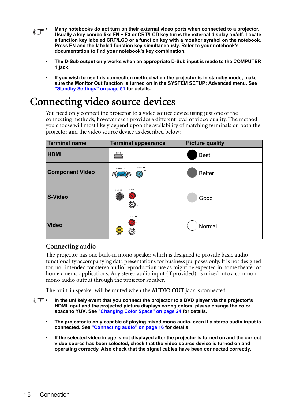 Connecting video source devices, Connecting audio | BenQ Digital Projector MS612ST User Manual | Page 16 / 68