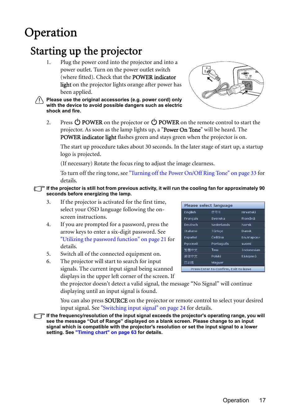 Operation, Starting up the projector | BenQ Digital Projector MS612ST User Manual | Page 17 / 68