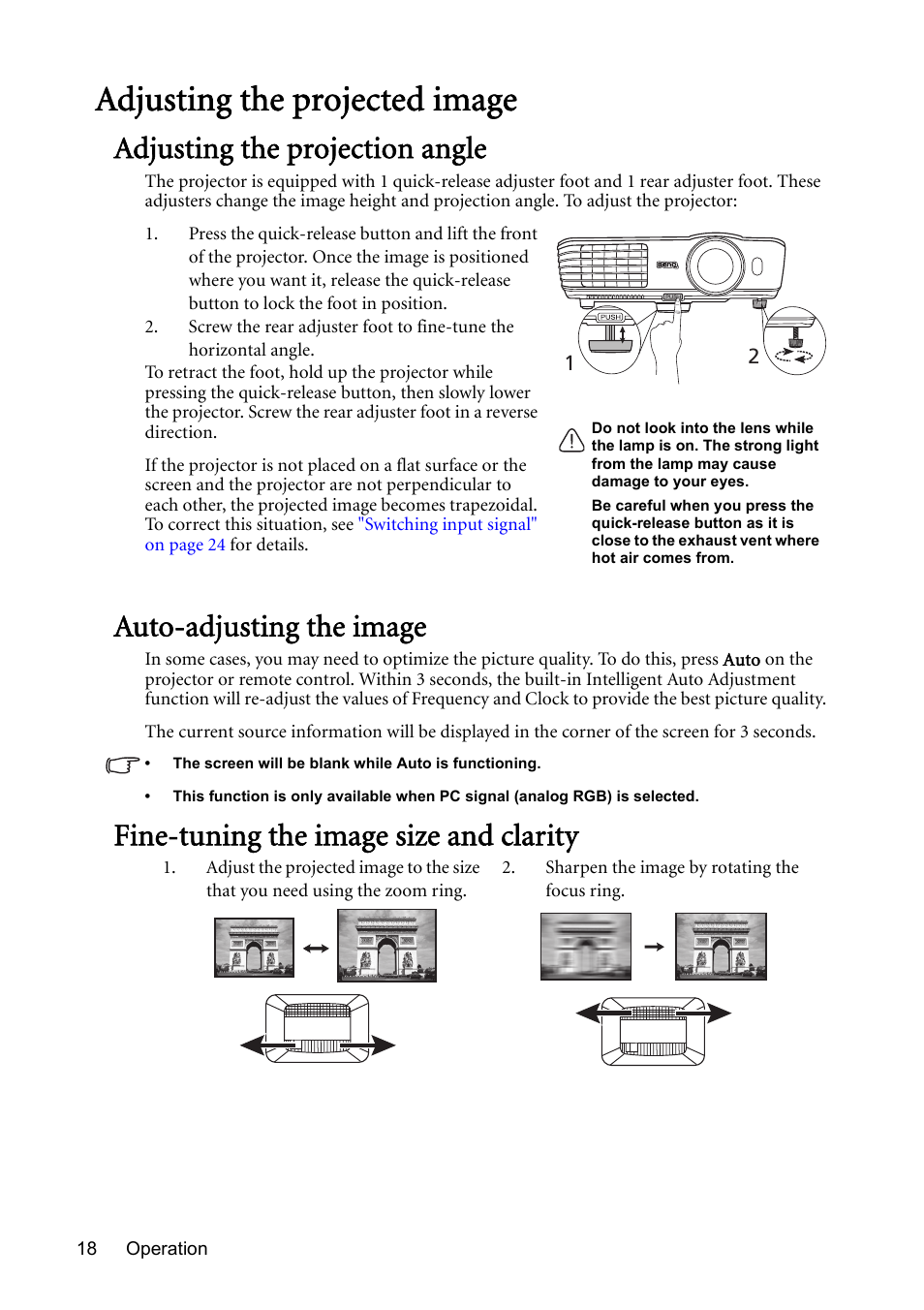 Adjusting the projected image, Adjusting the projection angle, Auto-adjusting the image | Fine-tuning the image size and clarity | BenQ Digital Projector MS612ST User Manual | Page 18 / 68