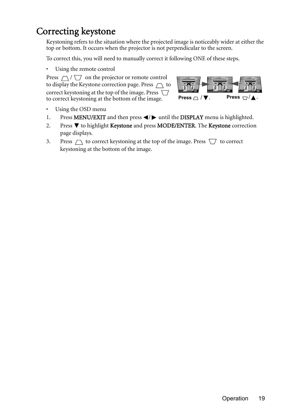Correcting keystone | BenQ Digital Projector MS612ST User Manual | Page 19 / 68