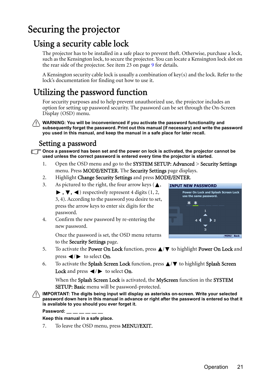Securing the projector, Using a security cable lock, Utilizing the password function | Setting a password | BenQ Digital Projector MS612ST User Manual | Page 21 / 68