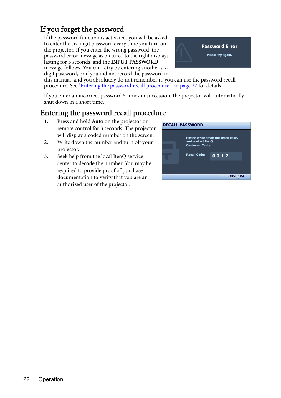 If you forget the password, Entering the password recall procedure | BenQ Digital Projector MS612ST User Manual | Page 22 / 68