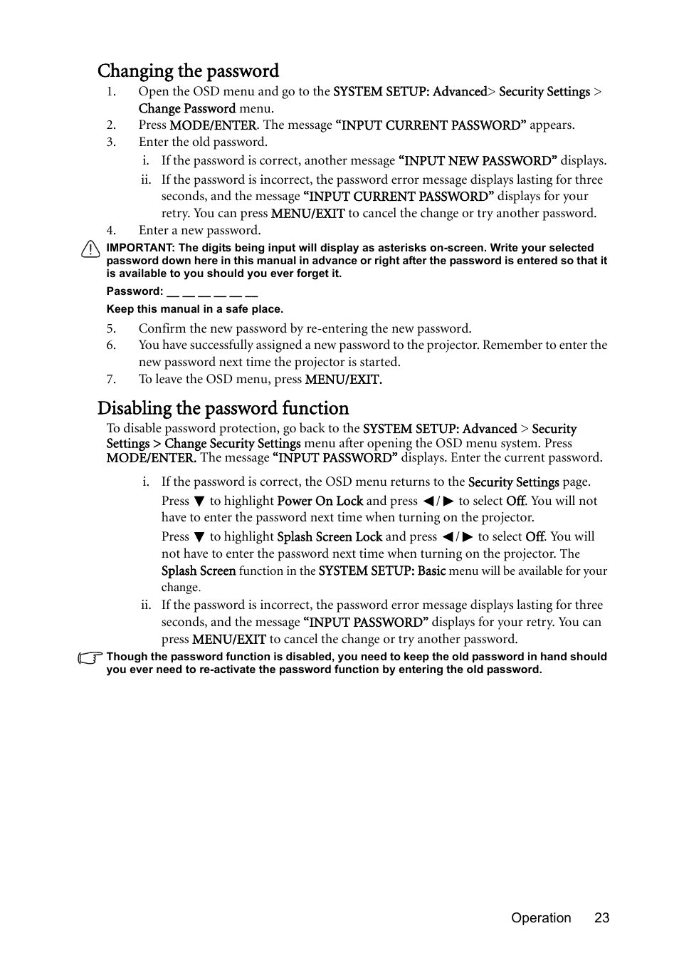 Changing the password, Disabling the password function | BenQ Digital Projector MS612ST User Manual | Page 23 / 68