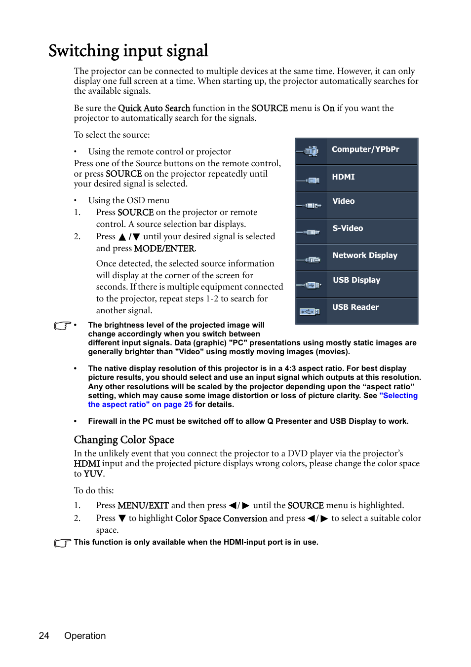 Switching input signal, Changing color space | BenQ Digital Projector MS612ST User Manual | Page 24 / 68