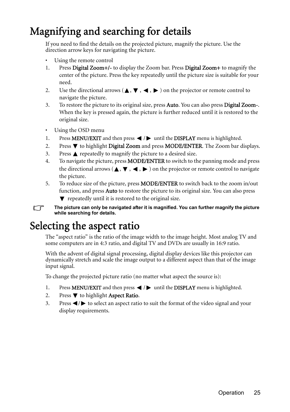 Magnifying and searching for details, Selecting the aspect ratio | BenQ Digital Projector MS612ST User Manual | Page 25 / 68
