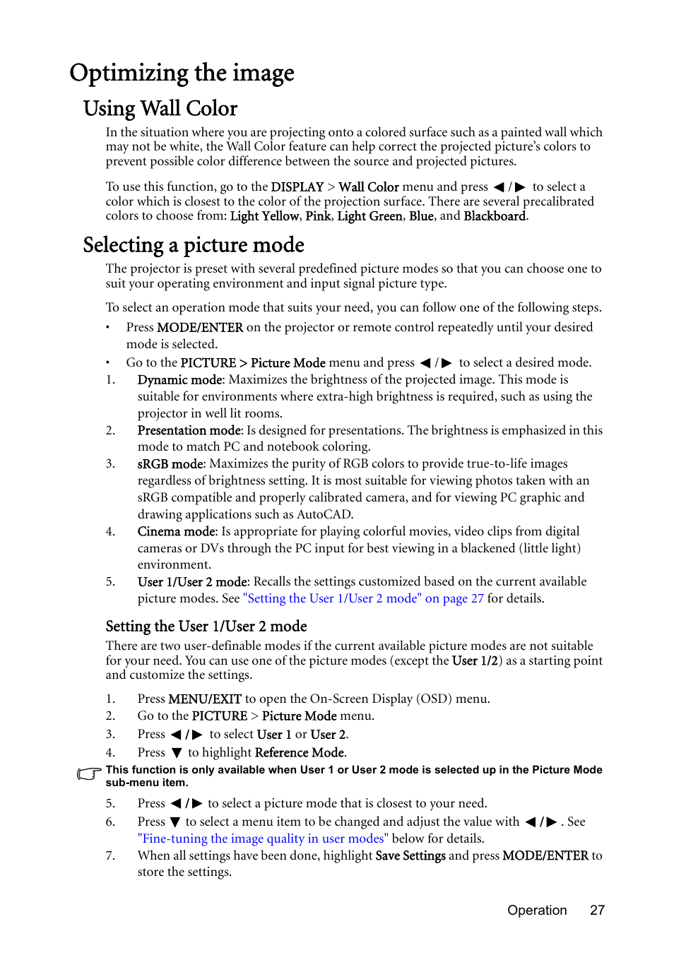 Optimizing the image, Using wall color, Selecting a picture mode | BenQ Digital Projector MS612ST User Manual | Page 27 / 68