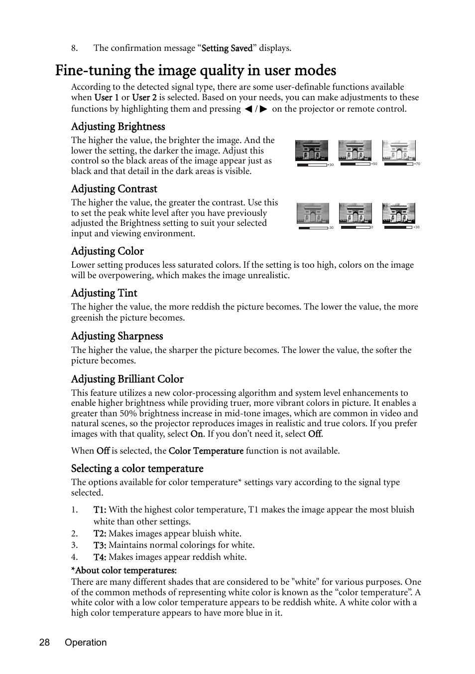 Fine-tuning the image quality in user modes, Adjusting brightness, Adjusting contrast | Adjusting color, Adjusting tint, Adjusting sharpness, Adjusting brilliant color, Selecting a color temperature | BenQ Digital Projector MS612ST User Manual | Page 28 / 68