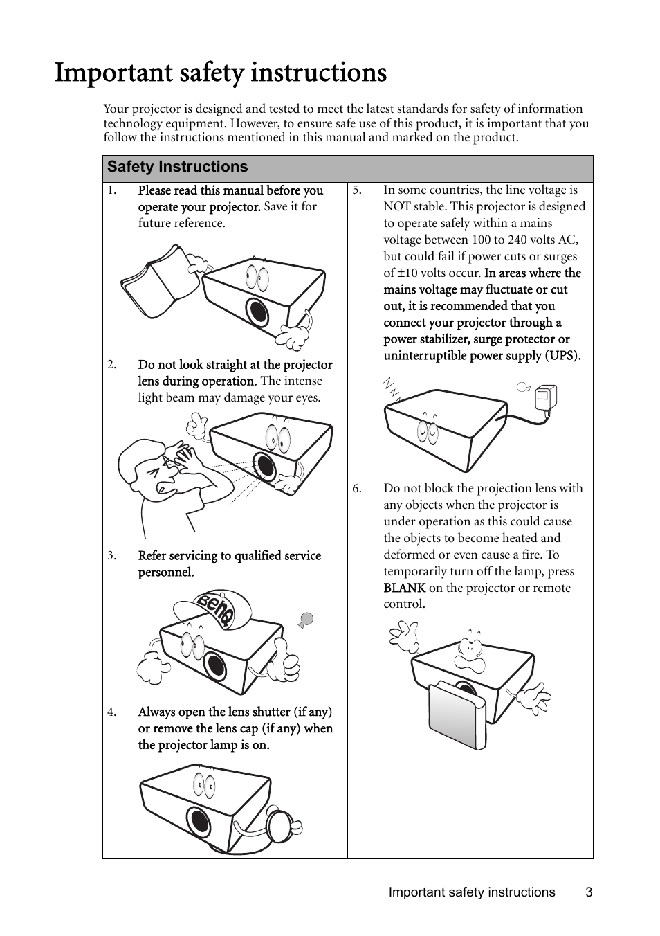 Important safety instructions | BenQ Digital Projector MS612ST User Manual | Page 3 / 68