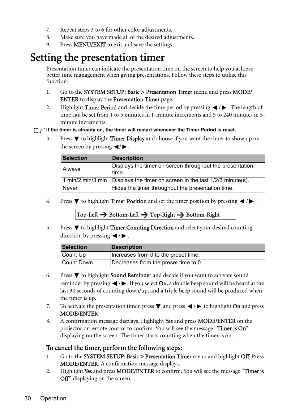 Setting the presentation timer | BenQ Digital Projector MS612ST User Manual | Page 30 / 68