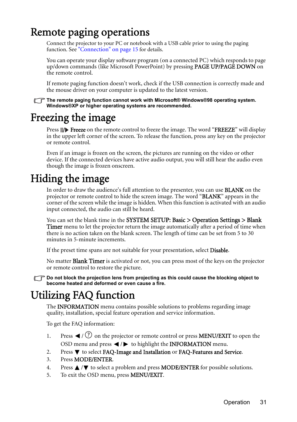 Remote paging operations, Freezing the image, Hiding the image | Utilizing faq function | BenQ Digital Projector MS612ST User Manual | Page 31 / 68