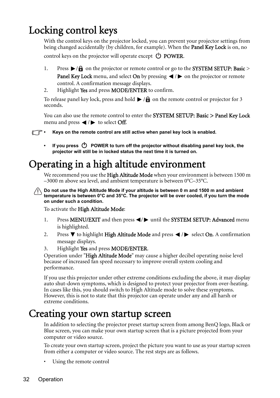 Locking control keys, Operating in a high altitude environment, Creating your own startup screen | BenQ Digital Projector MS612ST User Manual | Page 32 / 68