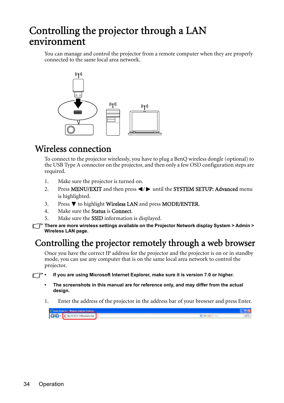Wireless connection | BenQ Digital Projector MS612ST User Manual | Page 34 / 68