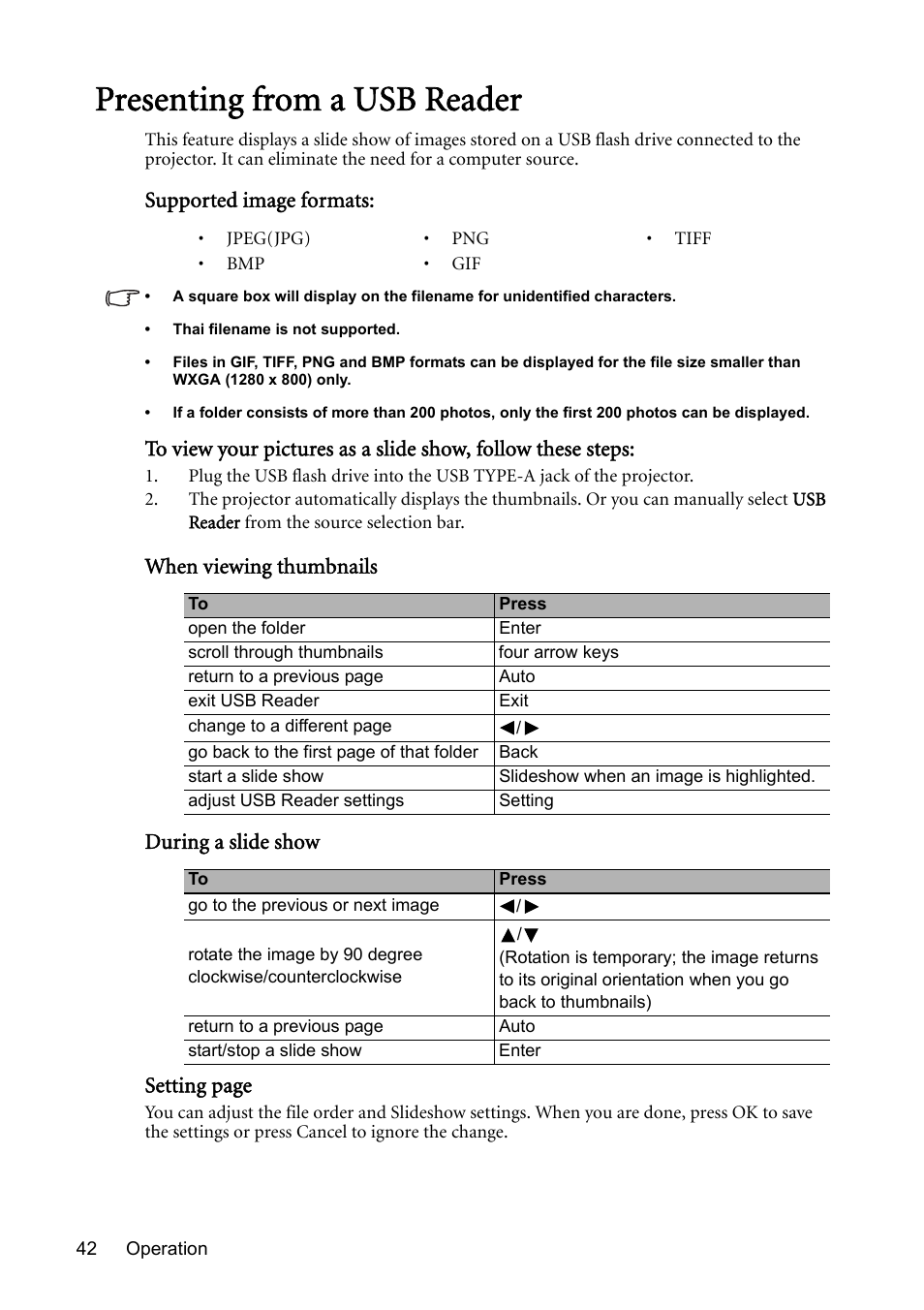 Presenting from a usb reader, Supported image formats | BenQ Digital Projector MS612ST User Manual | Page 42 / 68