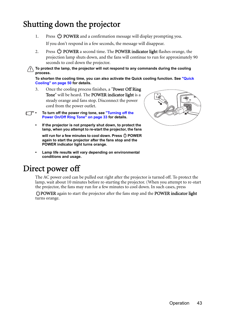 Shutting down the projector, Direct power off, Shutting down the projector direct power off | BenQ Digital Projector MS612ST User Manual | Page 43 / 68