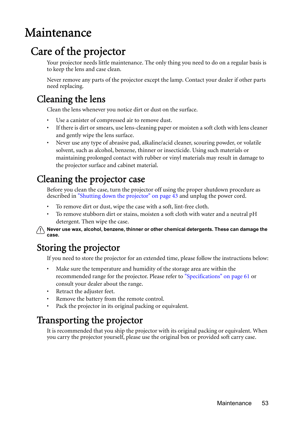 Maintenance, Care of the projector, Cleaning the lens | Cleaning the projector case, Storing the projector, Transporting the projector | BenQ Digital Projector MS612ST User Manual | Page 53 / 68