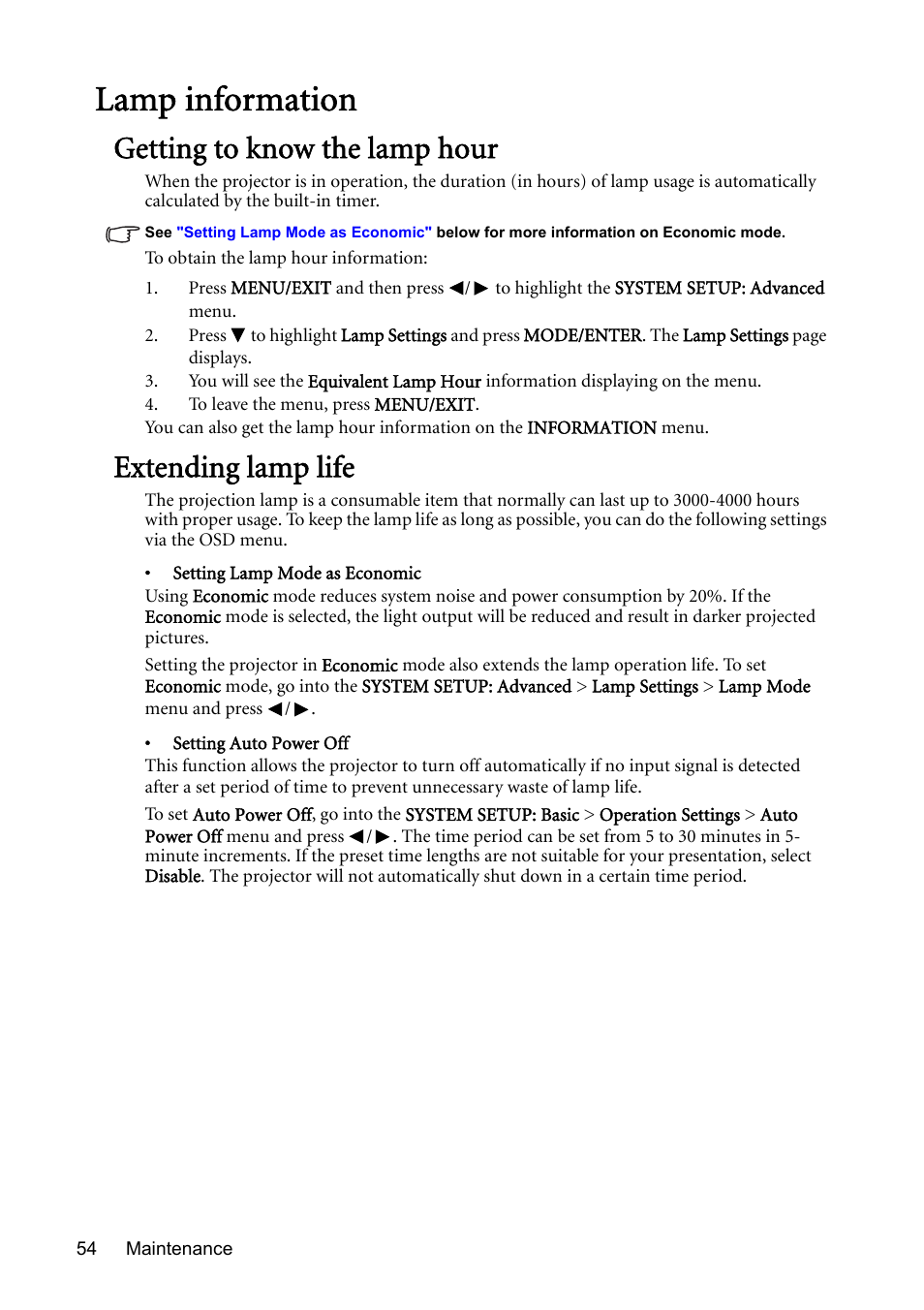 Lamp information, Getting to know the lamp hour, Extending lamp life | For det | BenQ Digital Projector MS612ST User Manual | Page 54 / 68
