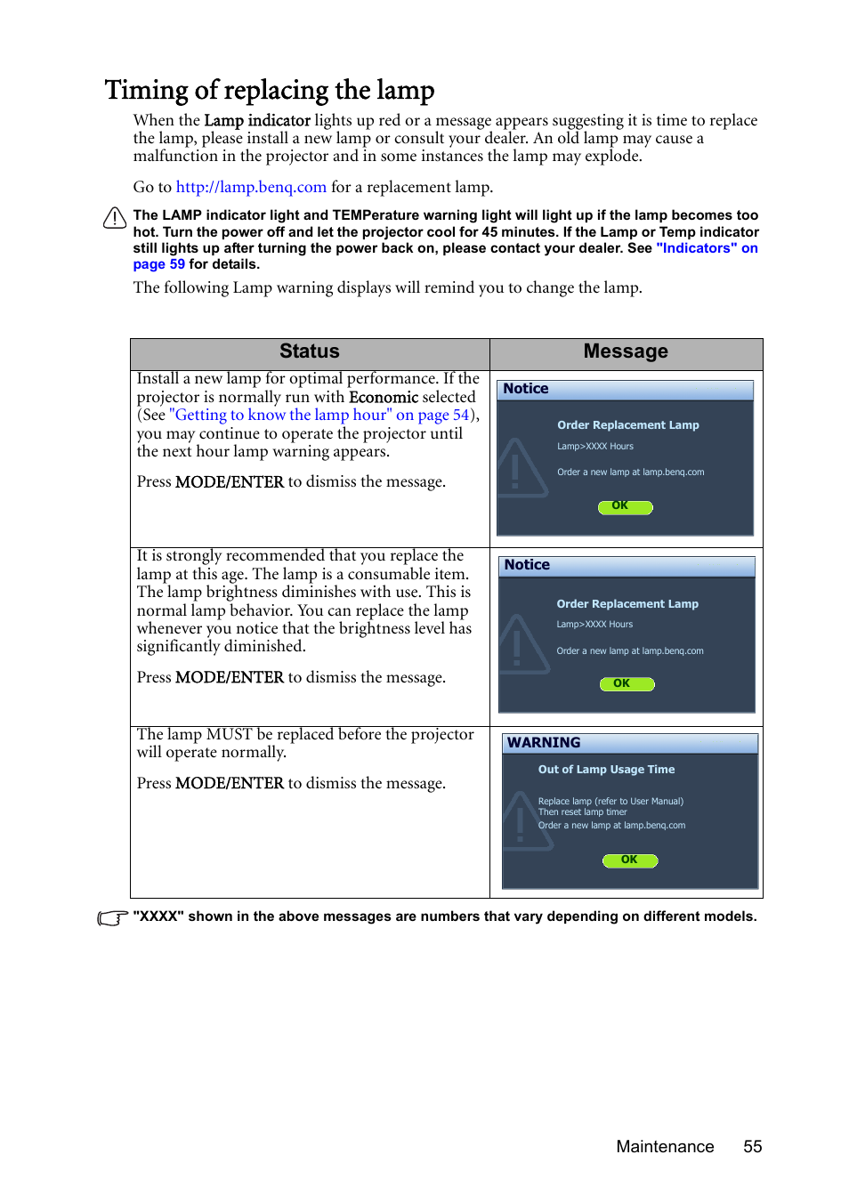 Timing of replacing the lamp, Status message | BenQ Digital Projector MS612ST User Manual | Page 55 / 68