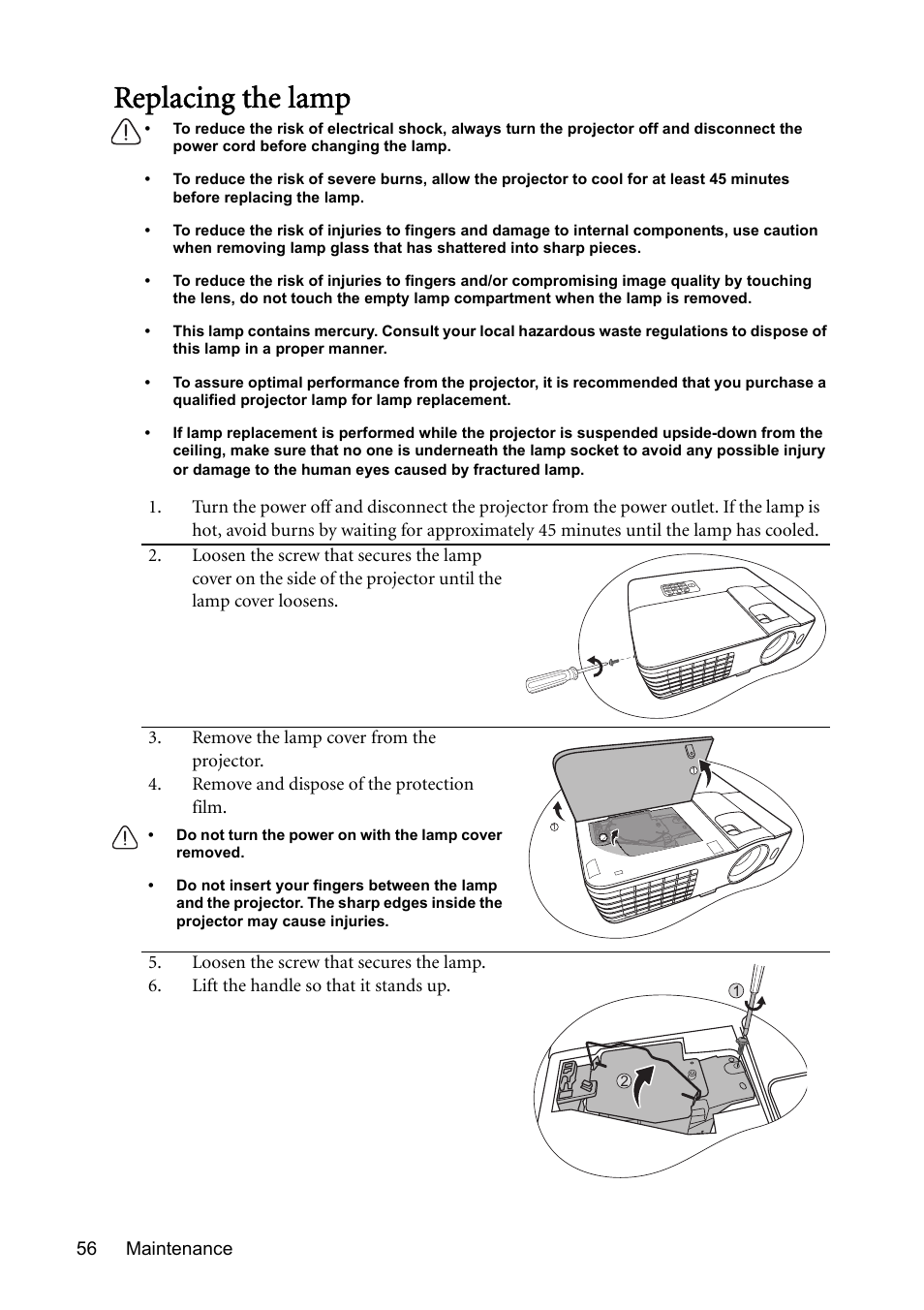 Replacing the lamp | BenQ Digital Projector MS612ST User Manual | Page 56 / 68