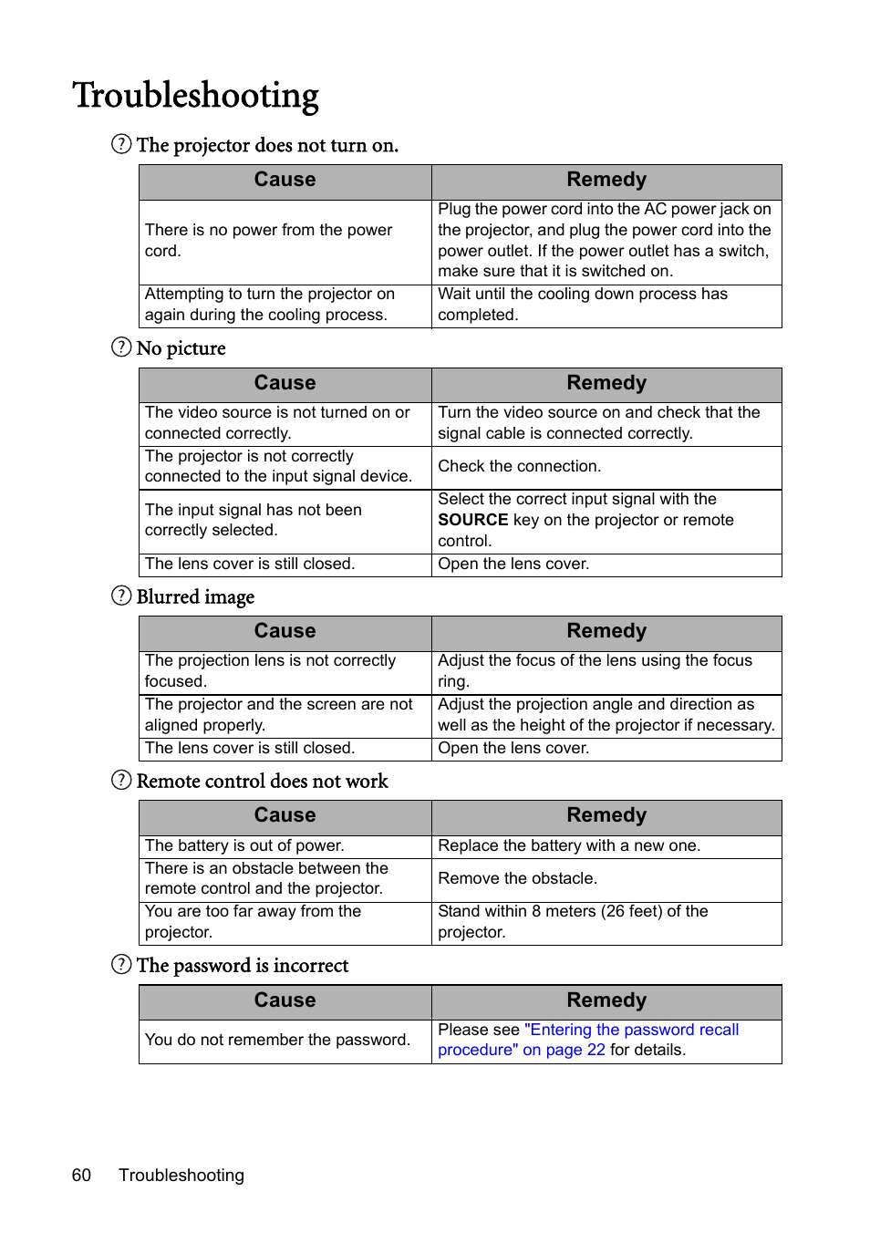 Troubleshooting | BenQ Digital Projector MS612ST User Manual | Page 60 / 68