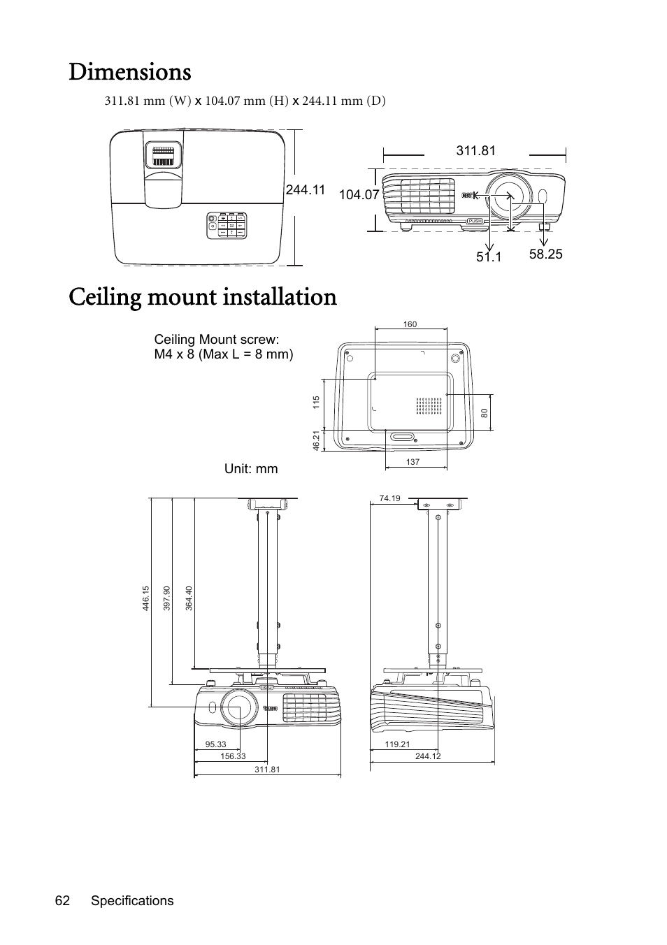 Dimensions, Ceiling mount installation, Dimensions ceiling mount installation | BenQ Digital Projector MS612ST User Manual | Page 62 / 68