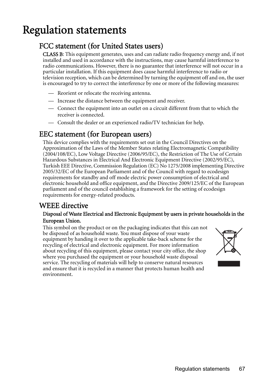 Regulation statements, Fcc statement (for united states users), Eec statement (for european users) | Weee directive | BenQ Digital Projector MS612ST User Manual | Page 67 / 68
