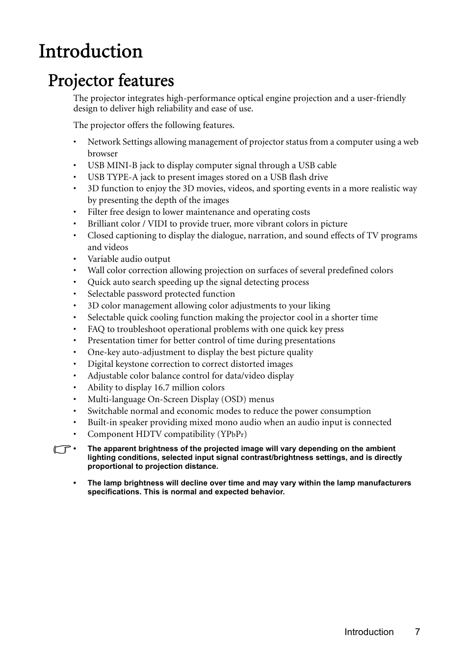 Introduction, Projector features | BenQ Digital Projector MS612ST User Manual | Page 7 / 68