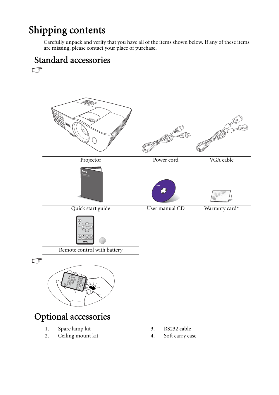 Shipping contents, Standard accessories, Optional accessories | BenQ Digital Projector MS612ST User Manual | Page 8 / 68