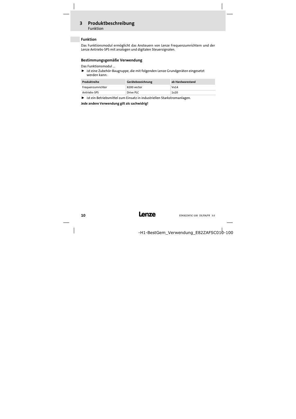 3 produktbeschreibung, Funktion, Bestimmungsgemäße verwendung | Produktbeschreibung 10, 3produktbeschreibung | Lenze E82ZAFSC100 User Manual | Page 10 / 66