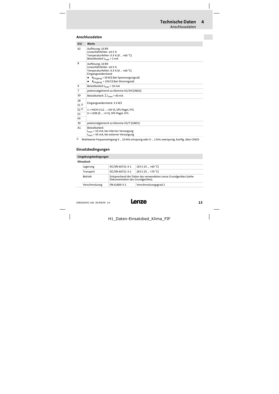 4 technische daten, Anschlussdaten, Einsatzbedingungen | Technische daten | Lenze E82ZAFSC100 User Manual | Page 13 / 66