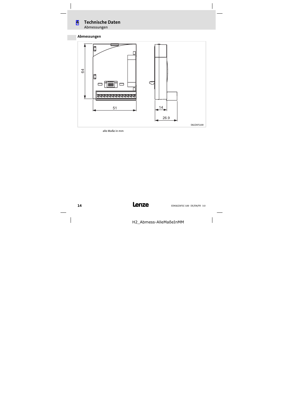 Abmessungen | Lenze E82ZAFSC100 User Manual | Page 14 / 66